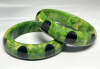 SZ47 Shultz marbled green bakelite bangles with 8 black side to side dots